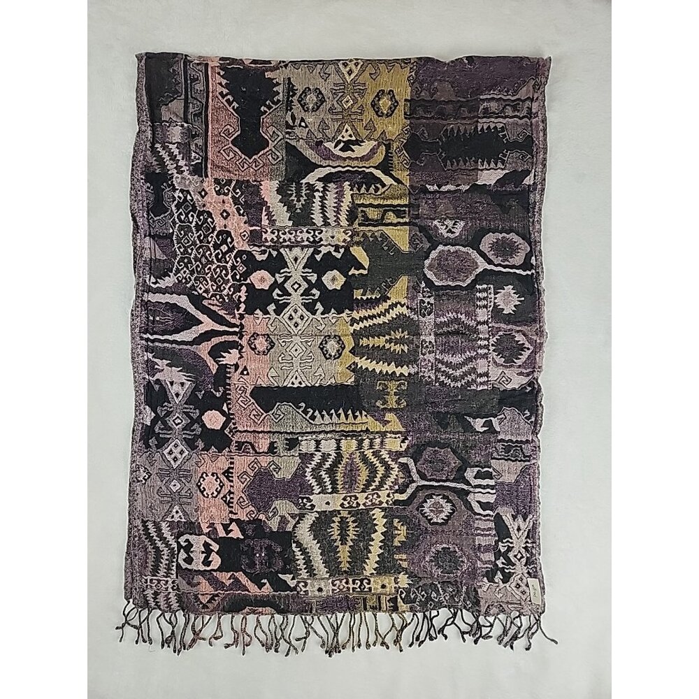 Wilfred Tribal Pattern Wool Blend Scarf Shawl Wrap Boho Fringe Black & Tan Warm